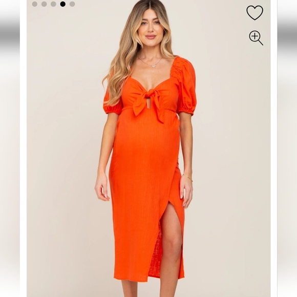 LUSH Orange/Red Linen Blend Front Tie Short Puff Sleeve Front Midi Dress.Size S - Picture 3 of 16